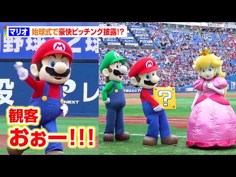 マリオが始球式で豪快ピッチング披露！抜群コントロールに球場どよめき  ピーチ＆ルイージ集結で“ハテナブロック”塁ベース… サムネイル